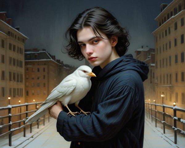 Young person with bird in snowy urban setting