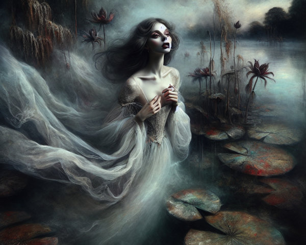 Ghostly Figure on Serene Lake with Misty Atmosphere