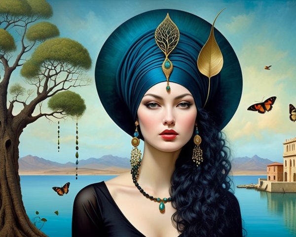Striking Woman in Blue Turban by Tranquil Lake Scene