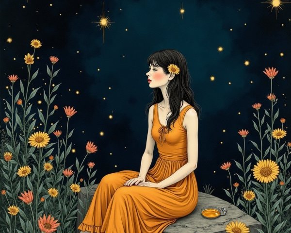 Woman in Orange Dress Sitting Among Wildflowers at Night