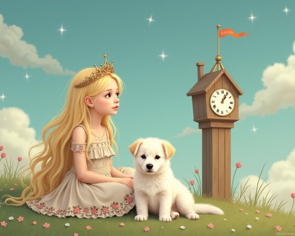 Young girl in dreamy landscape with puppy and flowers