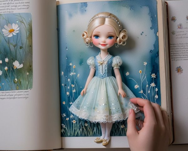 Delicate Doll in Illustrated Book with Flowers