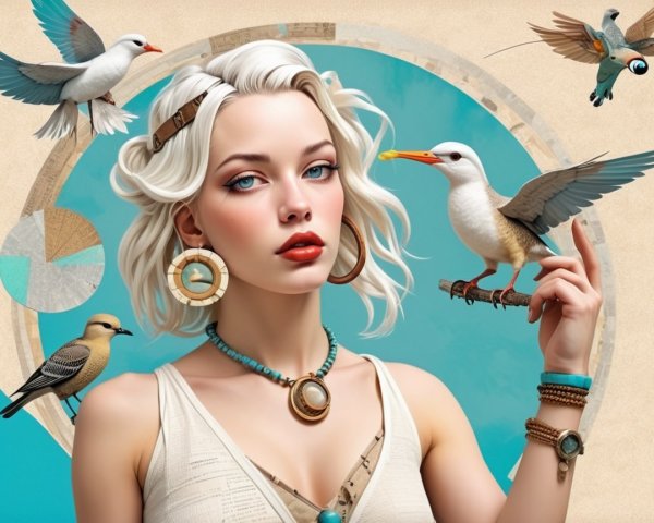 Portrait of a Woman with Birds and Pastel Background