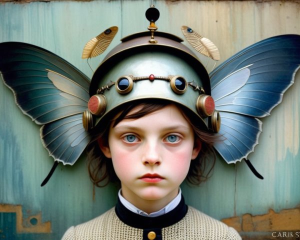 Child with Blue Eyes in Elaborate Insect Wing Headpiece
