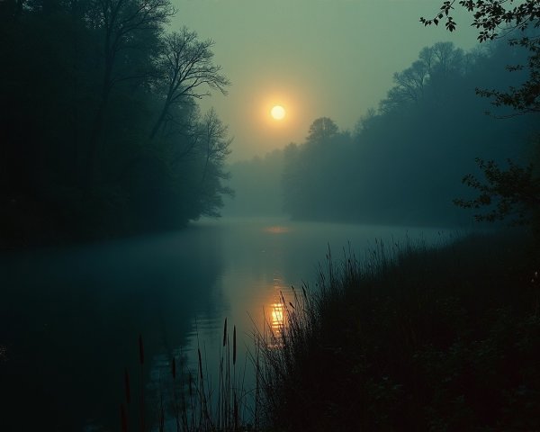 Serene River Landscape with Morning Mist and Trees