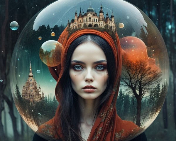 Surreal Scene of Woman in Glass Globe with Landscapes