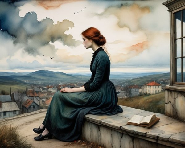 Solitary Woman in Dark Green Dress Overlooking Landscape