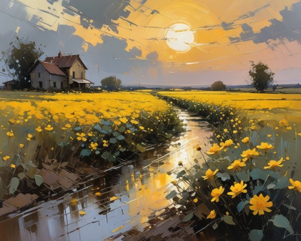 Charming Farmhouse Amidst Vibrant Yellow Flower Field