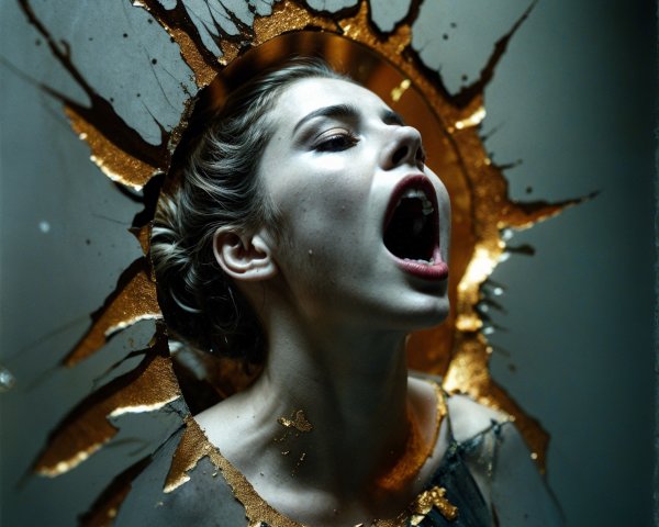 Woman Screaming Against Cracked Golden Wall