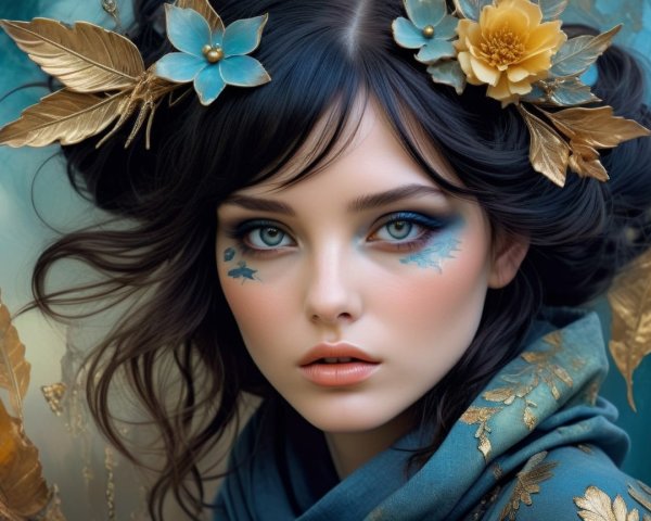 Close-up Portrait of Woman with Blue Makeup and Hair