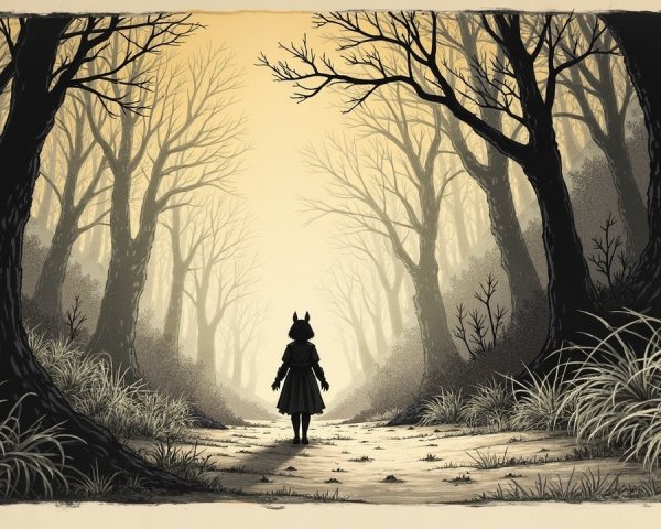 Solitary Figure at Misty Forest Edge with Yellow Light