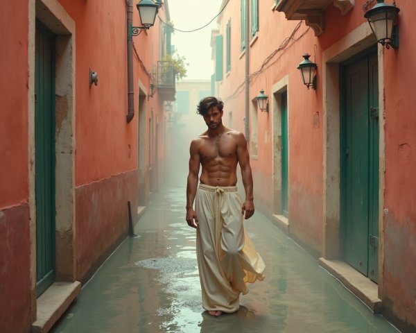Muscular Man in Misty Alley with Vibrant Walls