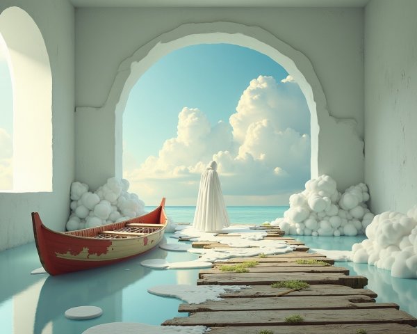 Lone Figure in Cloak by Reflective Water Scene
