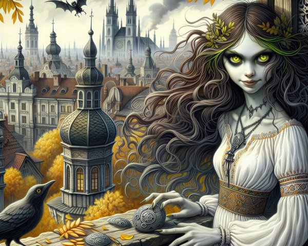 Mysterious Woman on Balcony Overlooking Fantasy Cityscape