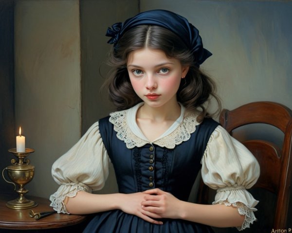 Young girl in black dress at wooden table with candle