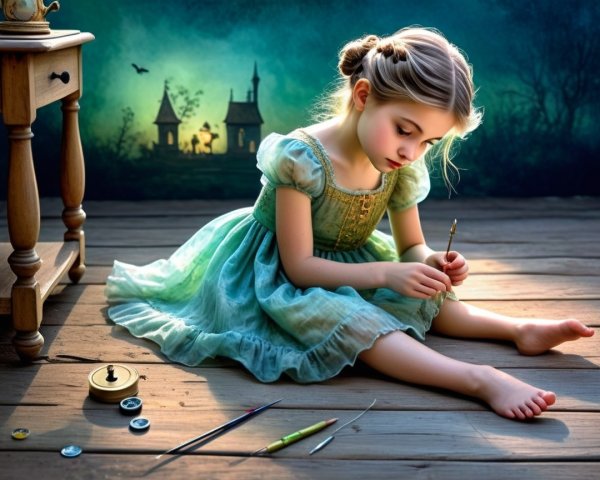 Young Girl Painting with Art Supplies in Twilight Scene