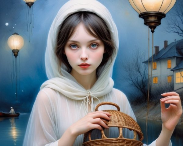 Young Woman in White Garment by Twilight Lakeside
