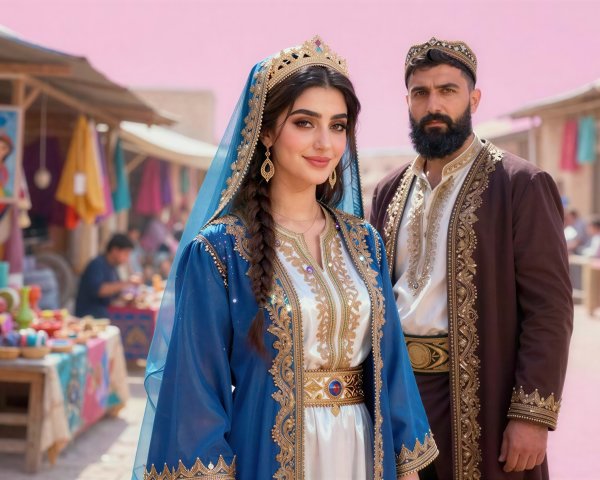 Elegant Couple in Traditional Attire at Vibrant Market