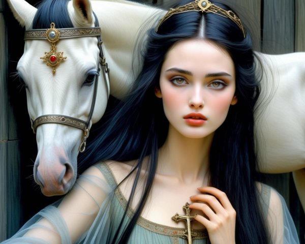 Young Woman with Horse in Serene Rustic Setting