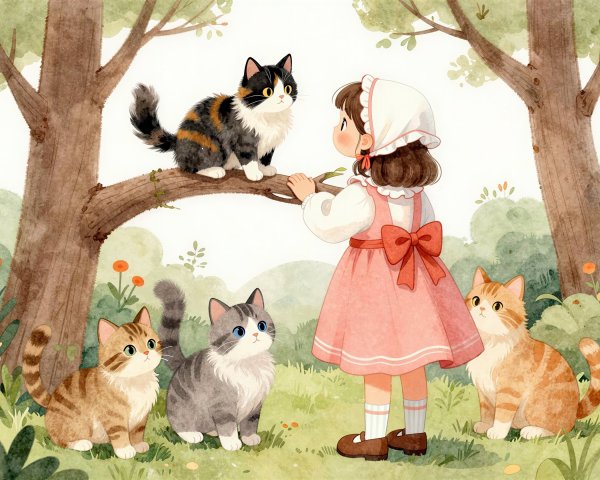 Watercolor Illustration of Girl with Cats in Forest