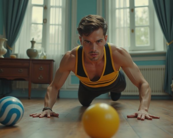 Young man doing push-up in sunlit room with exercise balls