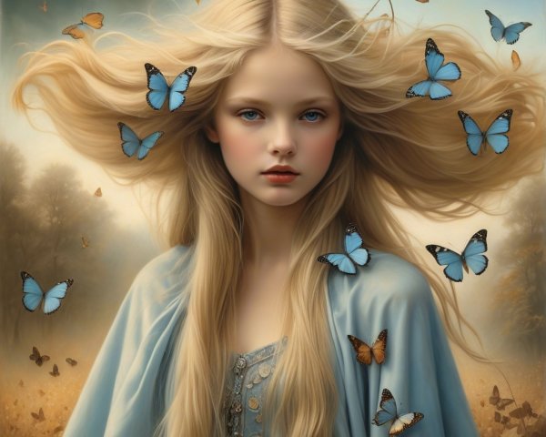 Blonde woman with butterflies in forest clearing wearing blue cloak