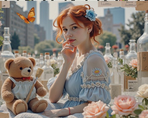 Young woman with red hair in a vintage floral setting
