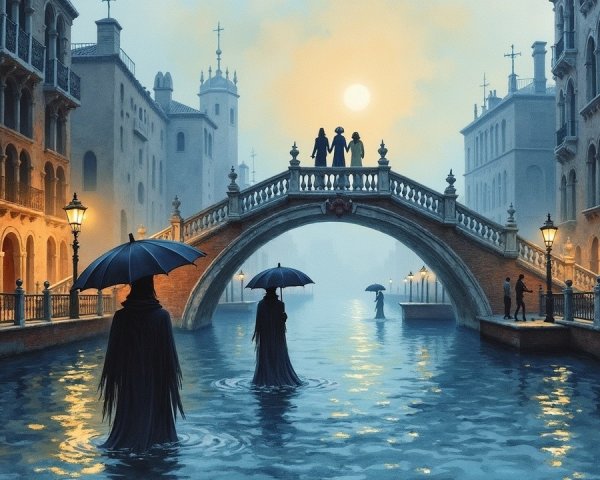 Venetian Canal at Dusk with Silhouetted Figures