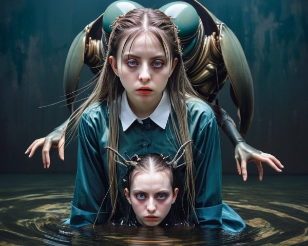 Two Young Girls with Surreal Insect Figure Background
