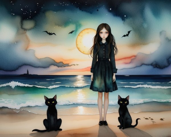 Young girl in black dress on moonlit beach with cats