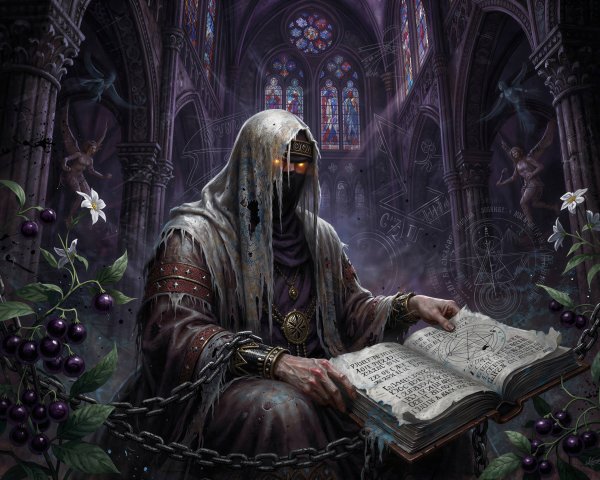 Dark Fantasy Scene in Gothic Cathedral with Mystical Elements