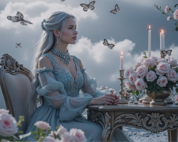 Serene scene of a woman with silver hair at a table