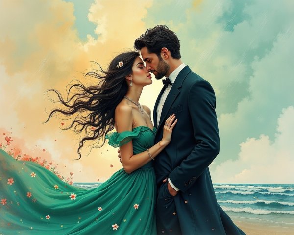 Romantic Beach Scene with Couple in Embrace