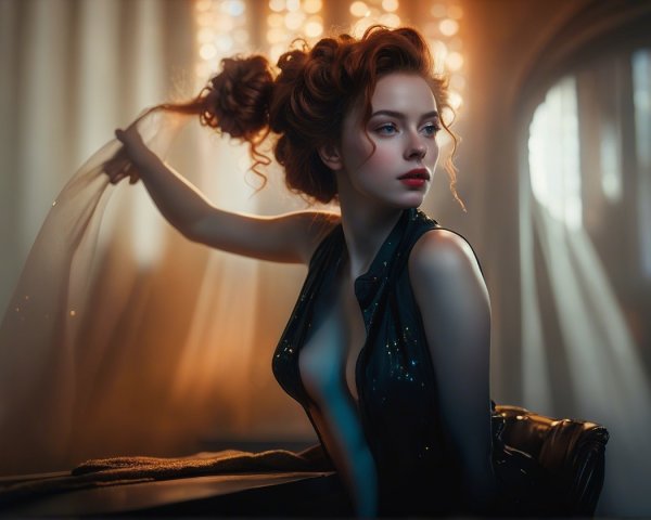 Elegant woman in black outfit with wavy red hair