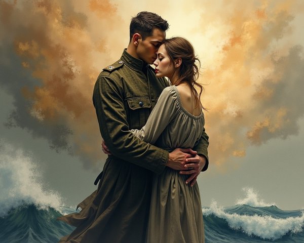 Soldier and Woman Embrace Against Dramatic Sky