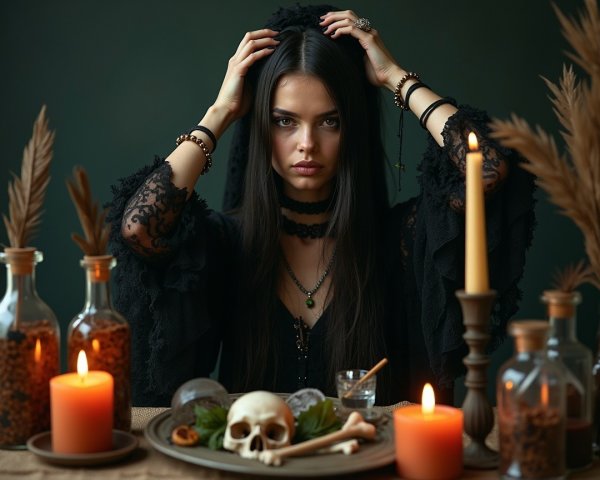 Mysterious Woman in Dark Attire at Candlelit Table