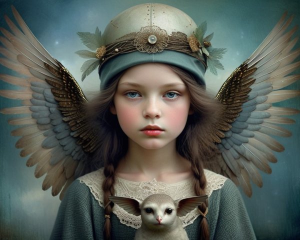 Young girl with blue eyes, wings, and cat in dreamlike scene