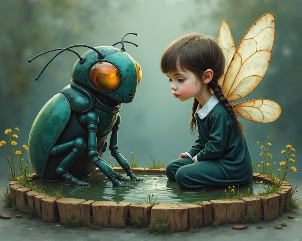 Whimsical Forest Scene with Girl and Robot Creature
