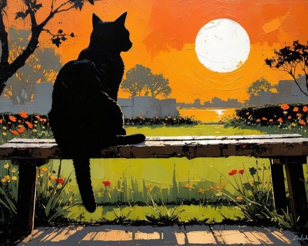 Serene Sunset with Black Cat and Colorful Flowers