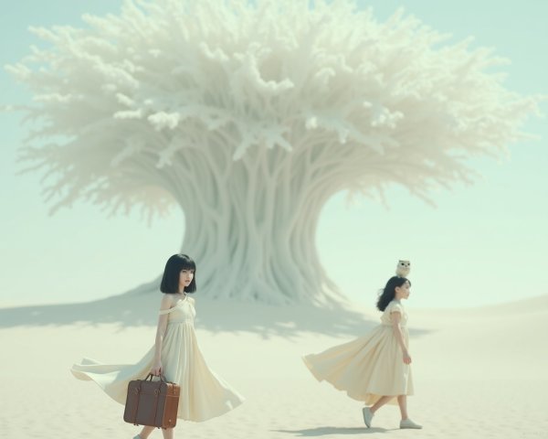 Surreal Landscape with Girls and Ethereal Tree