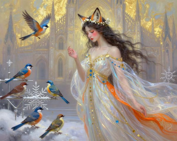 Elegant winter goddess with fox ears in snowy scene