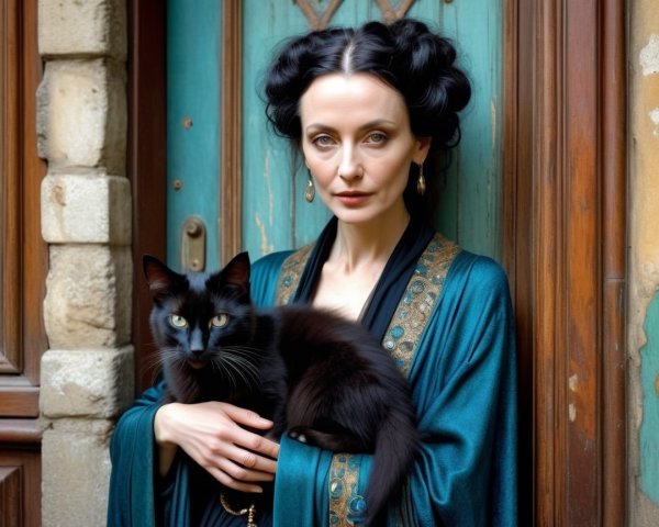 Woman in teal robe with black cat by wooden door
