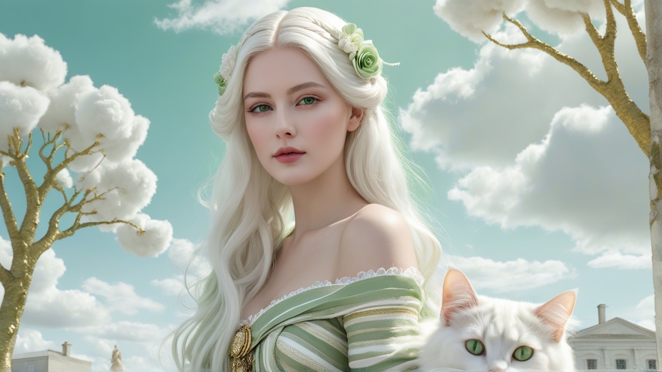 Serene figure with white hair in dreamy landscape