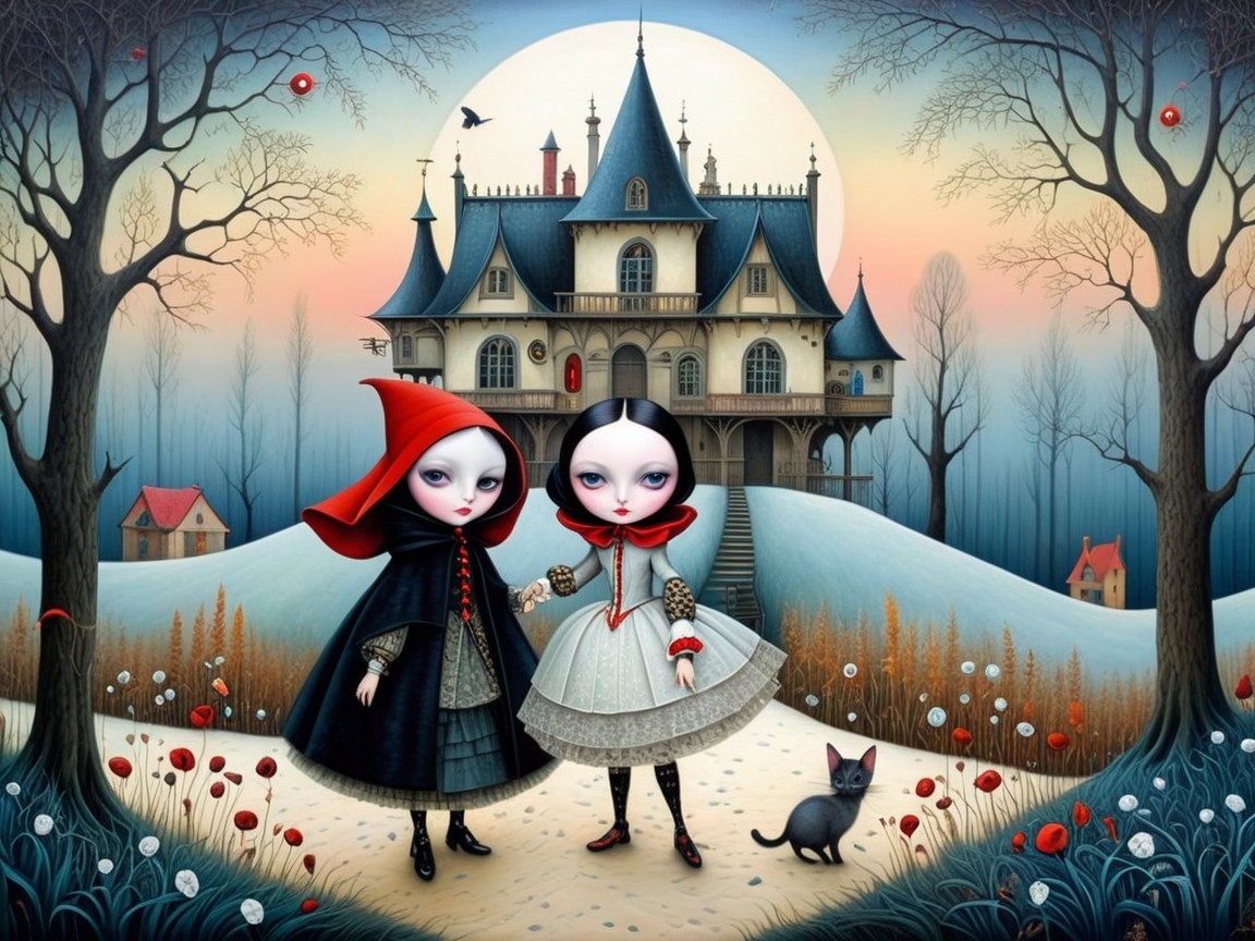 Enchanting Girls in Whimsical Landscape with Mansion