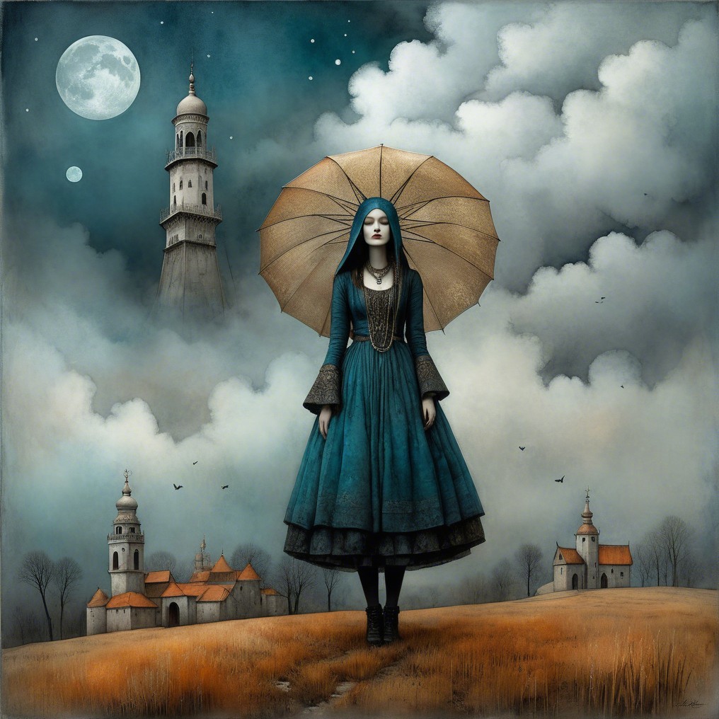 Woman in blue dress with umbrella under moonlit sky & floating lantern, medieval town background