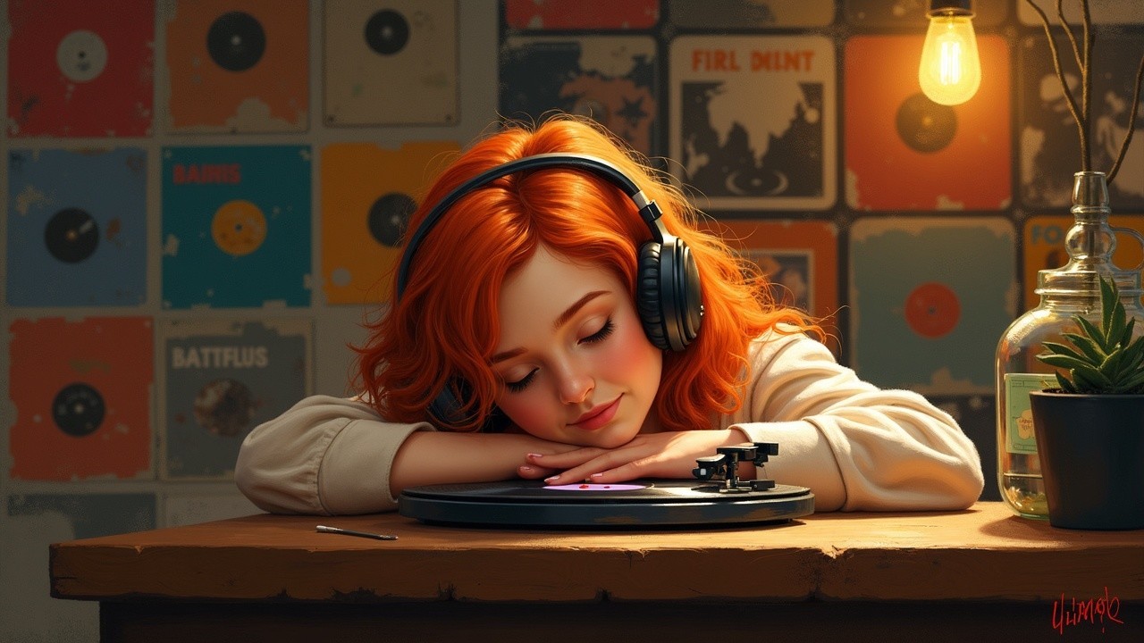 Young woman with red hair enjoying music at home