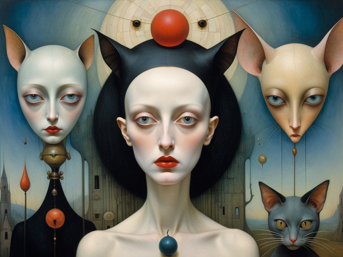 Surreal Composition with Ethereal Woman and Cat Figures