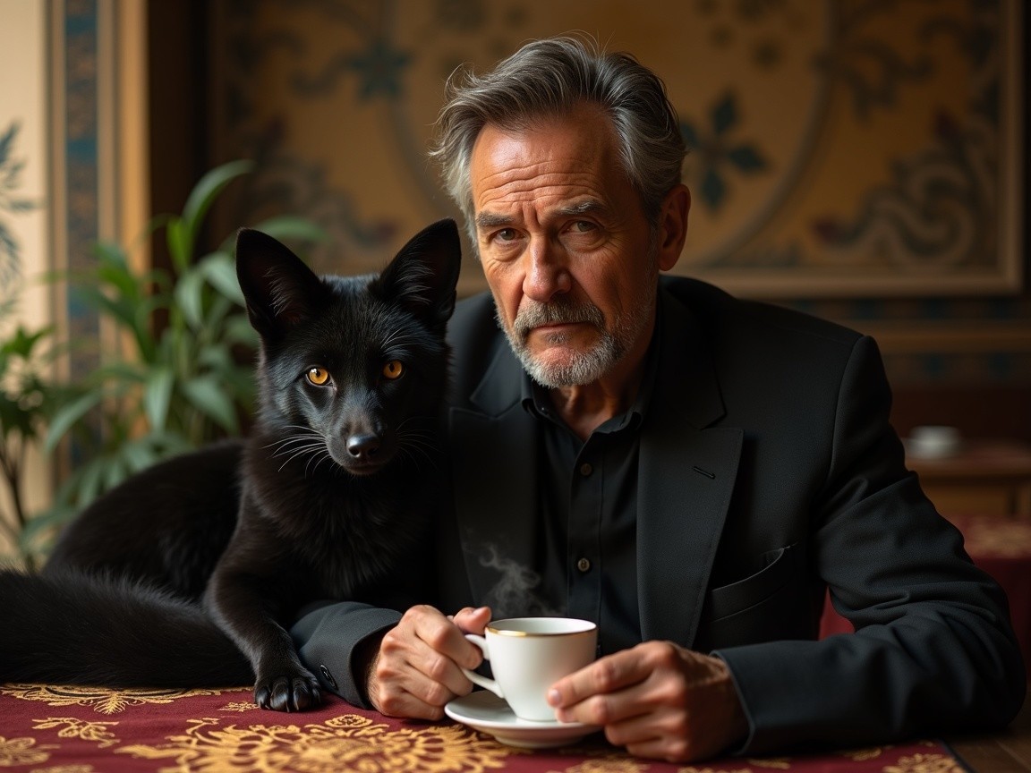 Distinguished Man with Silver Hair and Black Fox