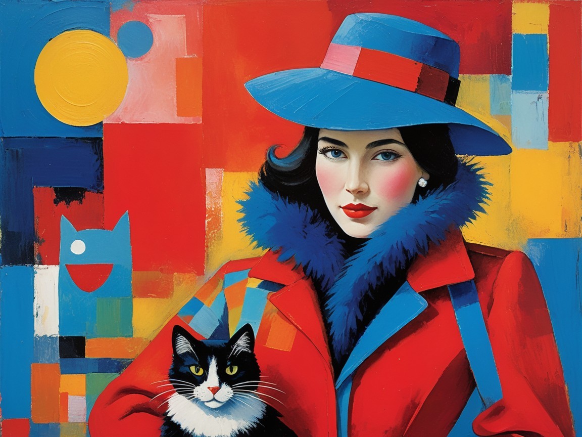 Colorful Painting of Woman in Red Coat with Cat