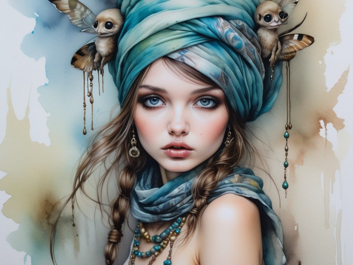 Portrait of a Young Woman with Blue Eyes and Turquoise Scarf